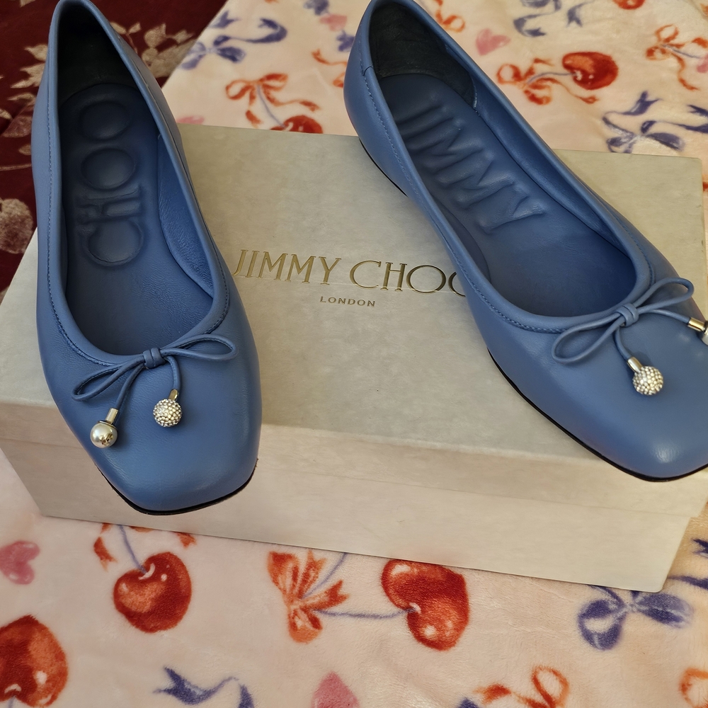 Jimmy Choo Powder Blue Leather Ballet Flats with Bow and Jewel Ends
